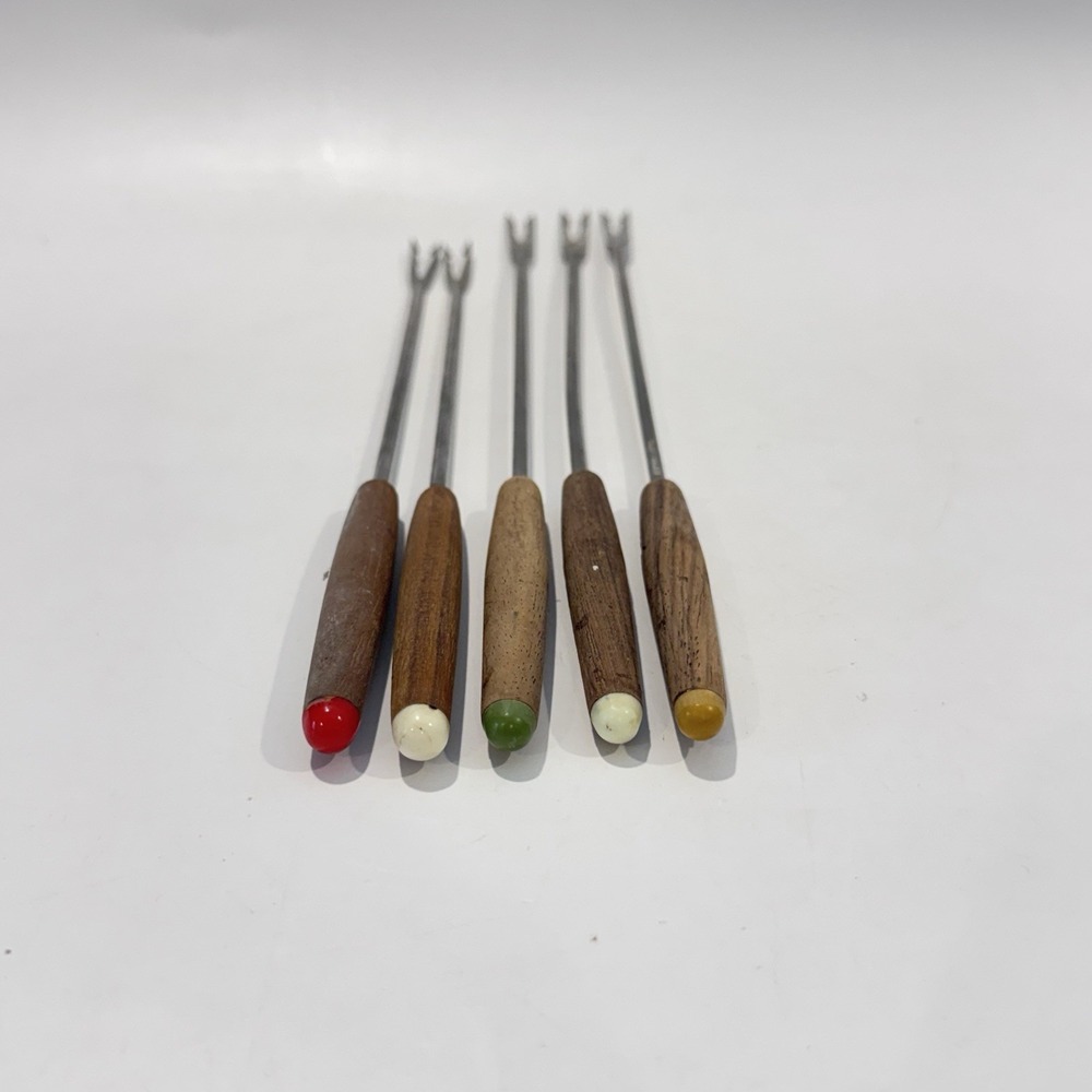 Vintage Fondue Fork Utensil Set of 5 Stainless Steel w Wooden Handles Japan